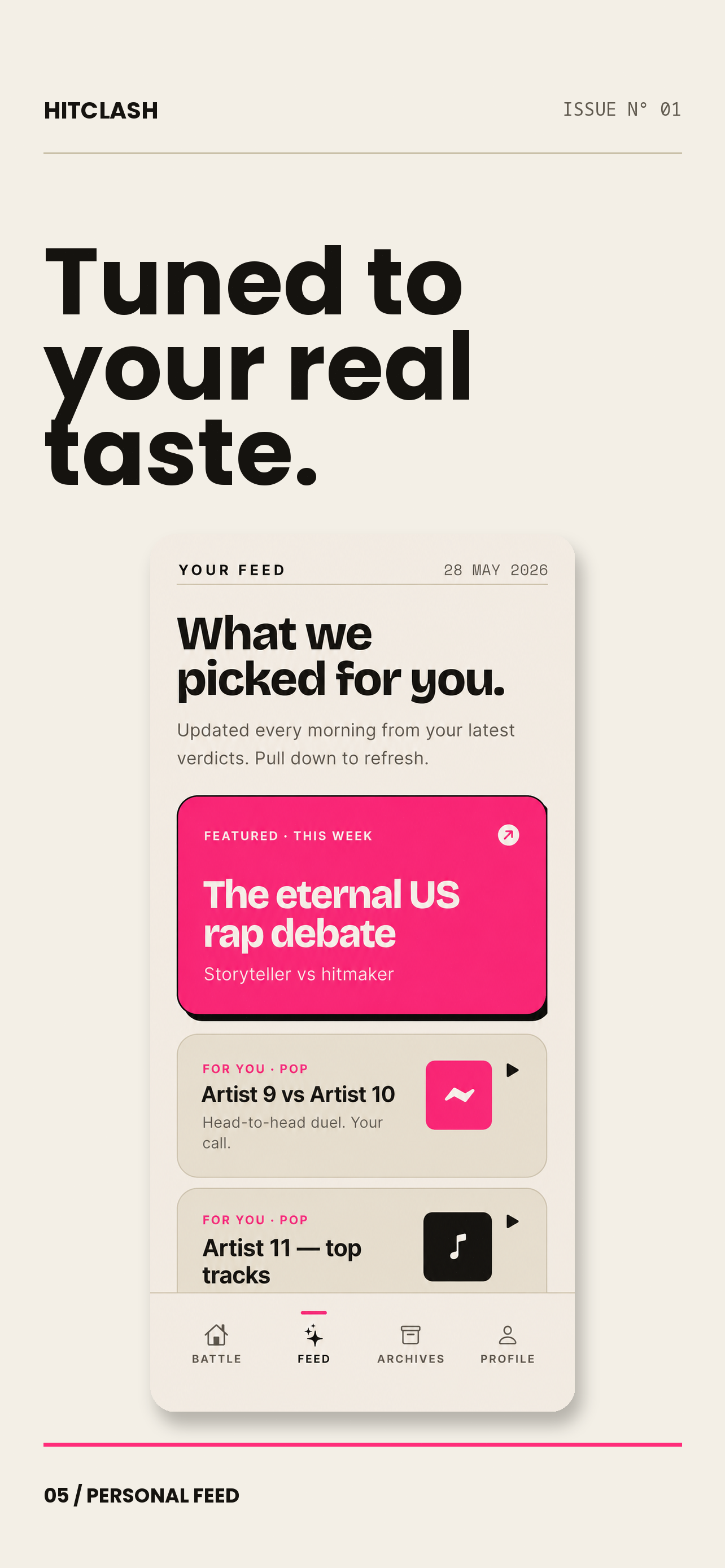 HitClash feed with personalized picks, a weekly duel, and suggested tracks.