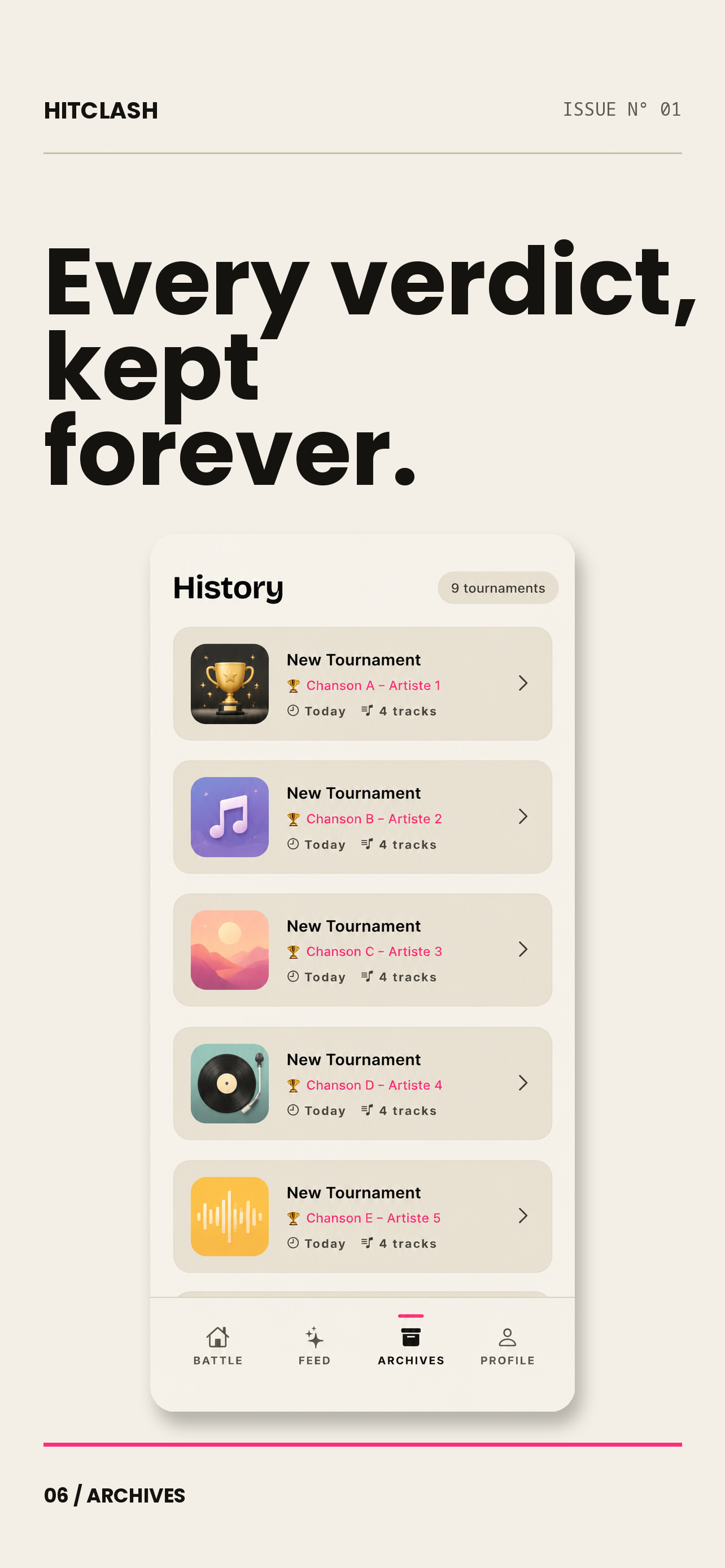 HitClash archive with tournament history and winning tracks.