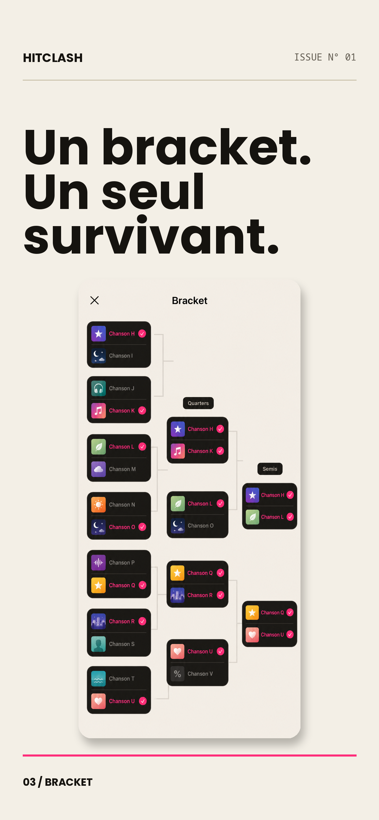 Écran bracket de l'app HitClash : l'arbre du tournoi en thème sombre, les titres retenus marqués en rose à chaque tour.