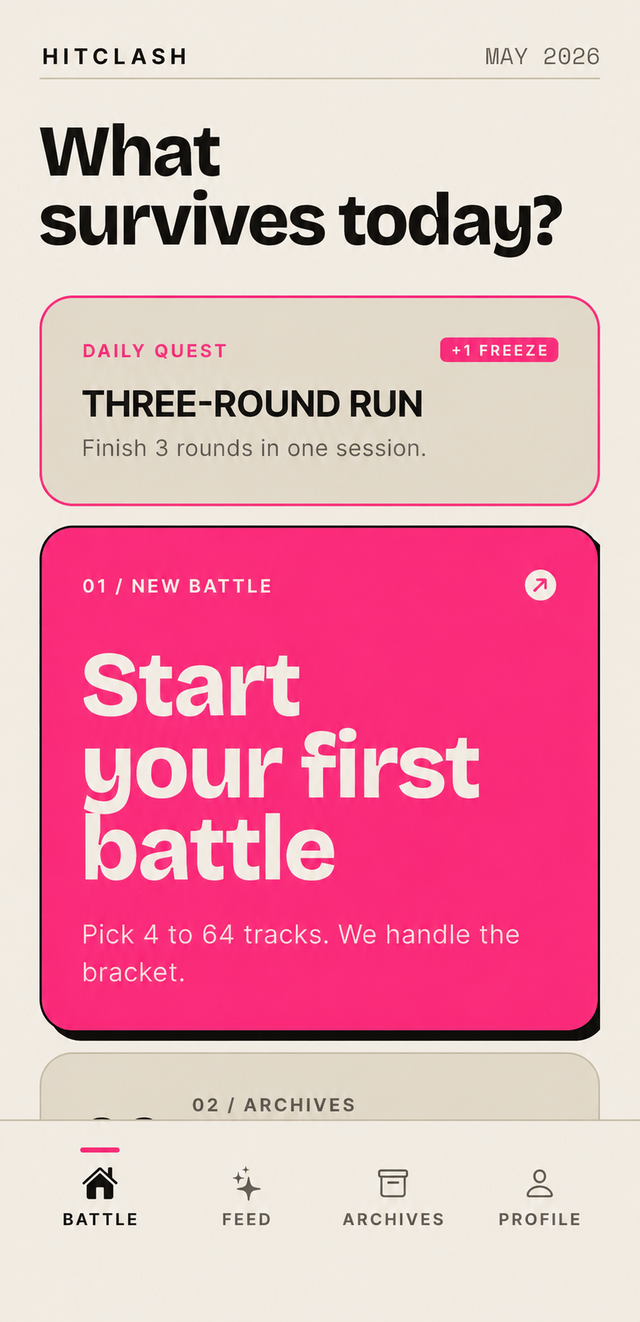 Accueil de l’app HitClash avec la quête du jour et le bouton pour lancer une battle.